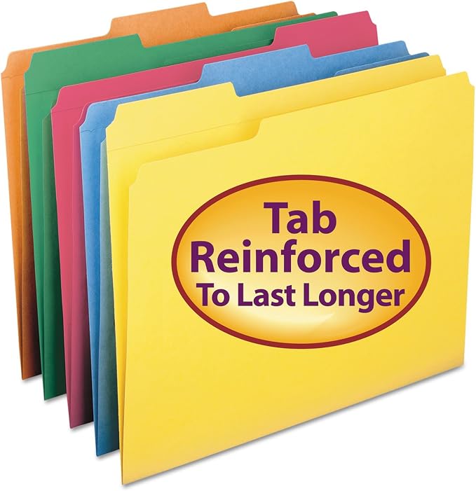 Smead File Folder, Reinforced 1/3-Cut Tab, Letter Size, Assorted Colors, 100 per Box (11993) | Premium colored stock, two-ply reinforced tabs in 3 positions, color-coded home and office drawer filing, SFI certified