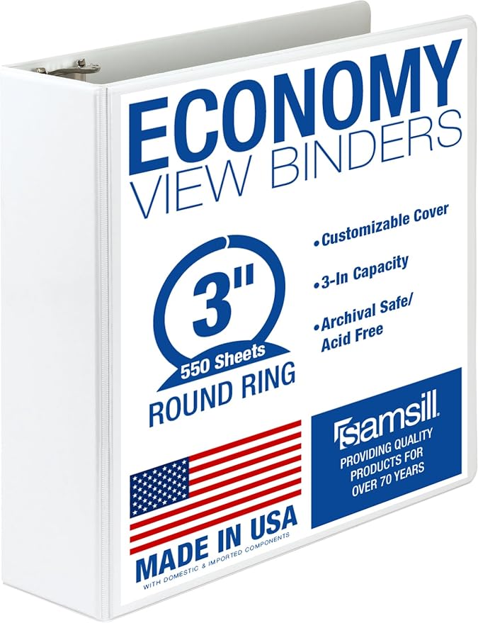 Samsill 3 Inch 3 Ring Binder, Economy Round Ring, Clear View Cover, 550 Sheet Capacity - for School, Home, Office - White