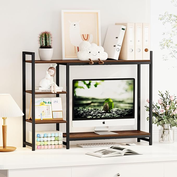 Snughome Adjustable Desk Shelf with Monitor Stand, 38.6" Desktop Organizer Hutch, Height Adjustable Computer Monitor Riser & 4 Tier Storage Bookshelf for Home Office Dorm