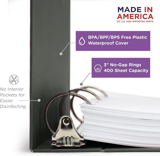 Carstens 3-Inch Heavy Duty 3-Ring Binder - Top Opening, Charcoal Gray, Durable Plastic, Precision No-Gap Rings, Waterproof Cover, No Pockets, Holds 400 Letter Sheets, BPA-Free, Made in USA (1781-3R)