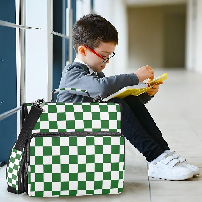 Dark Green White Checkered 3 Ring Zipper Binder with Handle 1.5 inch Binder Organizer, Multi Pockets Office File Folder with Shoulder Strap 500 Sheet Capacity
