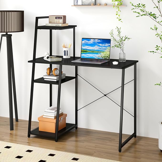 Giantex Computer Desk with Shelves, 47.5” Home Office Desk with Bookshelf, Host Stand, Metal Frame, PC Laptop Workstation, Modern Study Writing Desk for Bedroom, Small Space (Black)