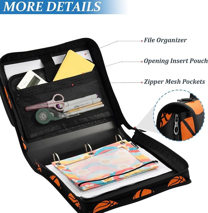 Basketballs Pattern 3 Ring Binder Bag 1.5 inch Binder Organizer with Zipper Shoulder Strap 500 Sheet Documents Storage for School Office