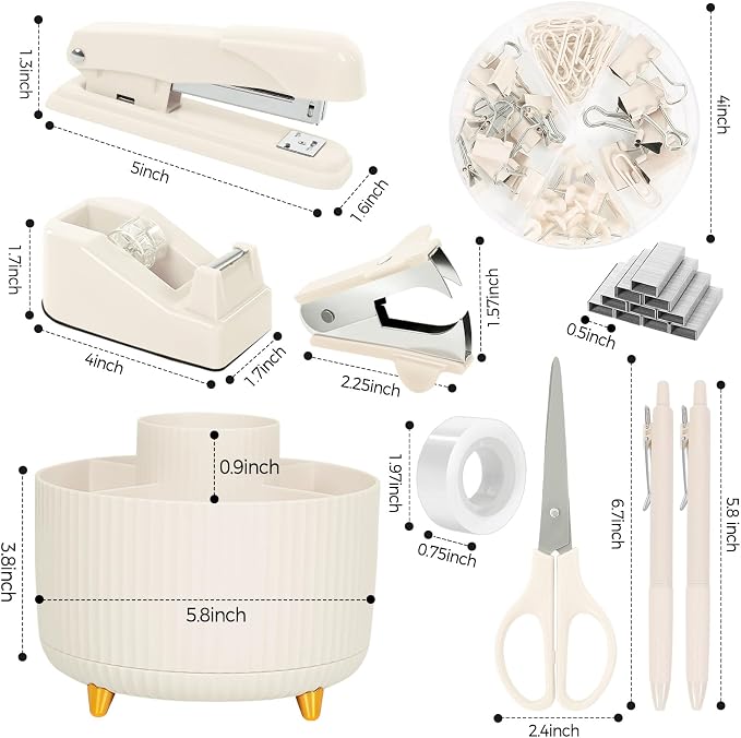 SKYDUE Desk Organizer Set with 360° Rotating Pen Holder | Includes Stapler, Scissors, Tape Dispenser, Clips, Pins & Accessories, For Home Office, School, Teacher