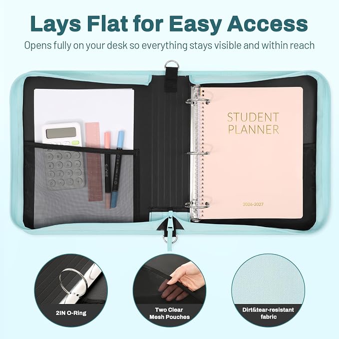 SUNEE Zipper Binder 3 Ring 2-Inch in Sky Blue Features a Shoulder Strap, 13 Inch Laptop Pocket, with Multiple Storage Pockets. Ideal Organizer for Middle School Students