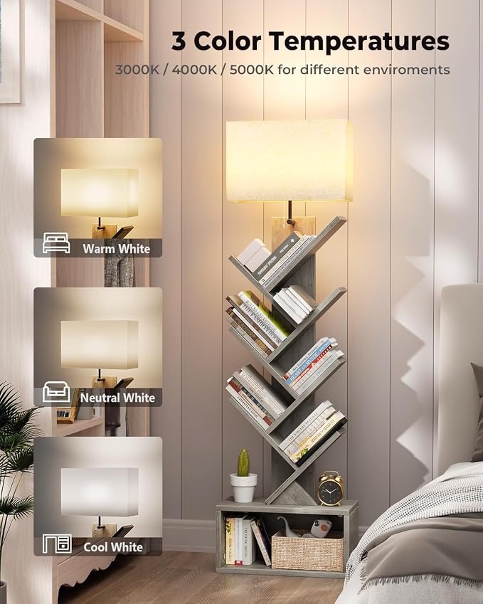Evermagin 6 Tier Tree Bookshelf with Light, Bookcase, Gray | Narrow Tower Design, Storage Cabinet for Book Organization, Tall Floor Standing Use, Living Room, Bedroom and Home Office