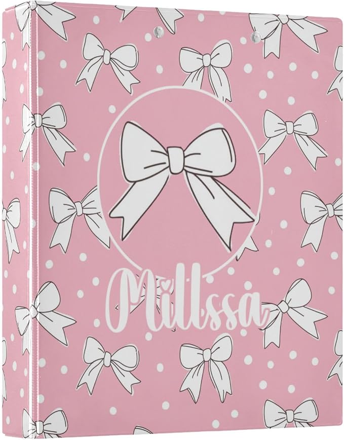 Cute Bows 3 Ring Binder with Clipboard Round Ring Binders Polka Dots Pink Name Custom Binder 3 Interior Clear Pockets for Office Supplies 1 Pack