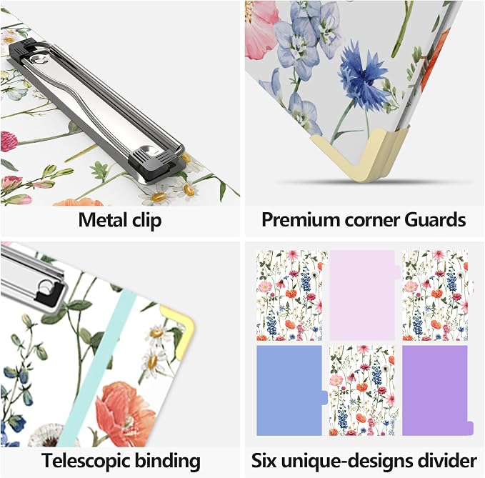 3 Ring Binder 1 Inch Round Ring Binder with 6 Tab Dividers，2 Interior Pockets，Cute Binder Clipboard with Storage, for School Office, Portfolio(Wild Flowers)