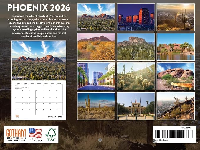 Phoenix Calendar 2026 Wall 12 Month Monthly AZ Scenic Souvenirs Arizonan Themed Gifts | American Made In The USA