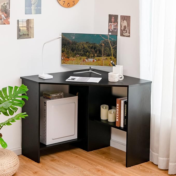 Tangkula Corner Desk, 90 Degrees Triangle Computer Desk for Small Space, Bedroom Corner Makeup Vanity Desk with Storage Shelves & CPU Stand