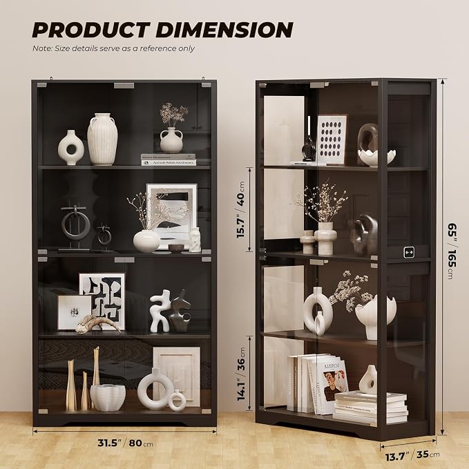 BROTTAR Display Cabinet with Glass Doors, 4-Tier Display Case, Black | Curio Cabinet with 3 Color Lights for Collectibles, Storage Cabinets with Human Body Sensor