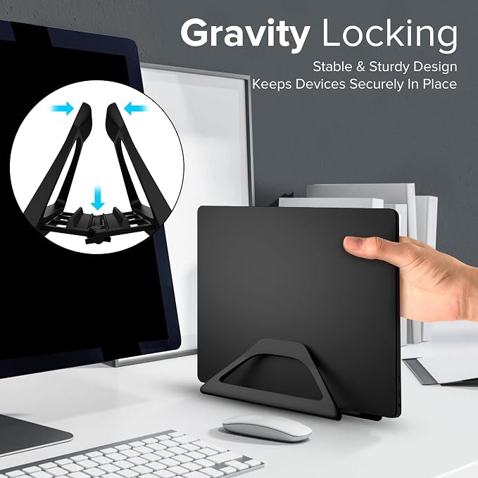 Aluminum Vertical Laptop Stand with Gravity Auto-Lock – Adjustable Laptop Holder Vertical fits MacBook Pro/Air, Chromebook & Gaming Laptops up to 17.3" – Space-Saving Desktop Dock - Black