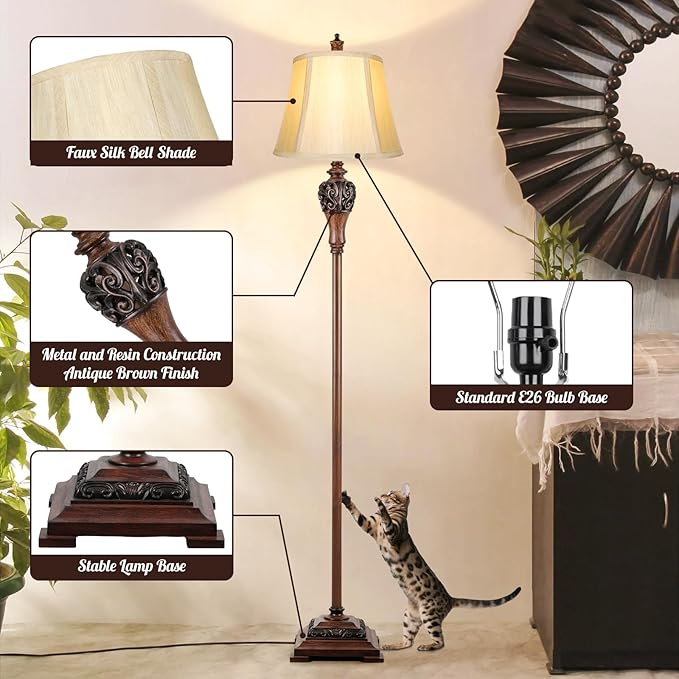 Vintage Floor Lamp for Living Room, Traditional Tall Standing Lamp | Eye-caring Fabric Shade, Stable Antique Base, Farmhouse Rustic Design, Bright Floor Lighting