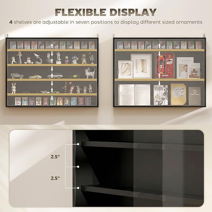 HOMCOM 5-Tier Wall Mounted Display Cabinet Glass Doors 60x80cm Jet Black | Display Case, 4 Adjustable Shelves, for Home Office Ornaments