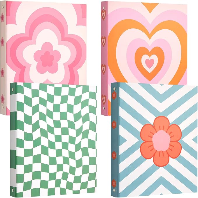 ReliThick 4 Pcs Retro Plaid Floral 3 Ring Binder, 1 Inch Round Ring with Interior Pockets, Decorative Retro Binders, Clipboard Binder, Groovy School Supplies for School Office, Letter Size