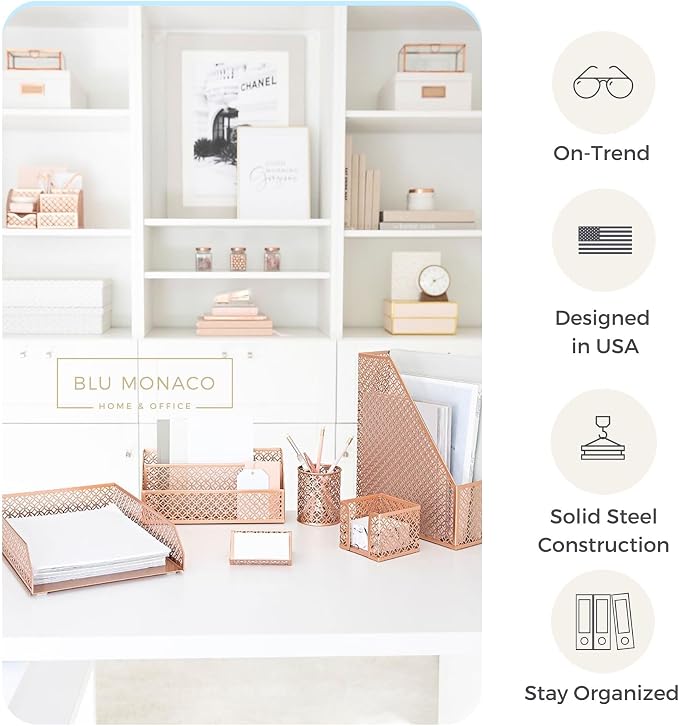 BLU MONACO | Rose Gold Desk Organizer Set | 6 Piece Metal Office Desk Organizer with Mail Sorter, Pen Cup, Sticky Note Holder, Magazine File, Card Holder, Paper Tray | Desk Organizers and Accessories