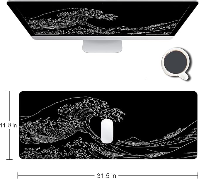 Armanza Large Mouse Pad Gaming, Extended Mousepad with Stitched Edges, Non-Slip Rubber Base Keyboard Desk Mat Mouse Pads for Work, Game, Office, Home, 31.5 x 11.8 in, Black Wave of Kanagawa