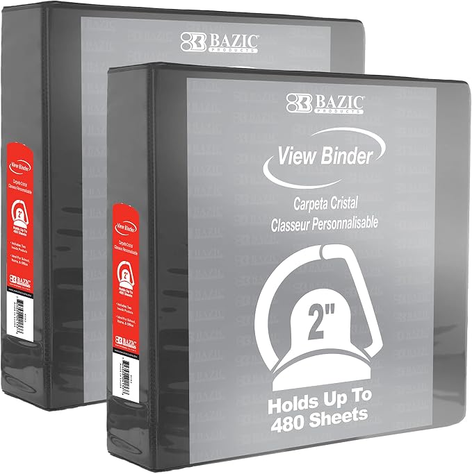 BAZIC Products 2" Black 3-Ring View Binder, Slant-D Ring, 2 Pockets, 2-Pack | 2 inside pockets, 2 in Black view 3-ring binder, slant-D rings, holds up to 480 sheets, Durable poly cover, 2 Pockets