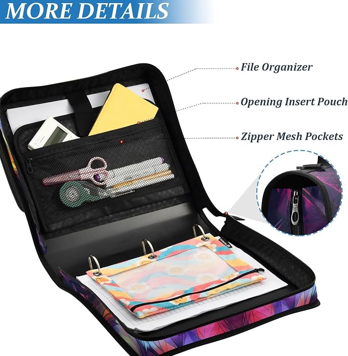 Wolf Colorful Zipper Binder Bag 3 Ring Binder with Shoulder Strap Zip Up 500 Sheets Capacity Multi Pockets for School Office Supplies