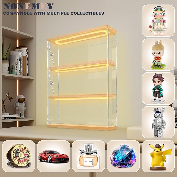 NONEMEY Clear Acrylic Display Case Stand with with Light, 3 Tier Storage Box Wall Mount Showcase Dustproof Organizer Box for Collectibles (Wood 3Tier 12×3.3×15.3inch)