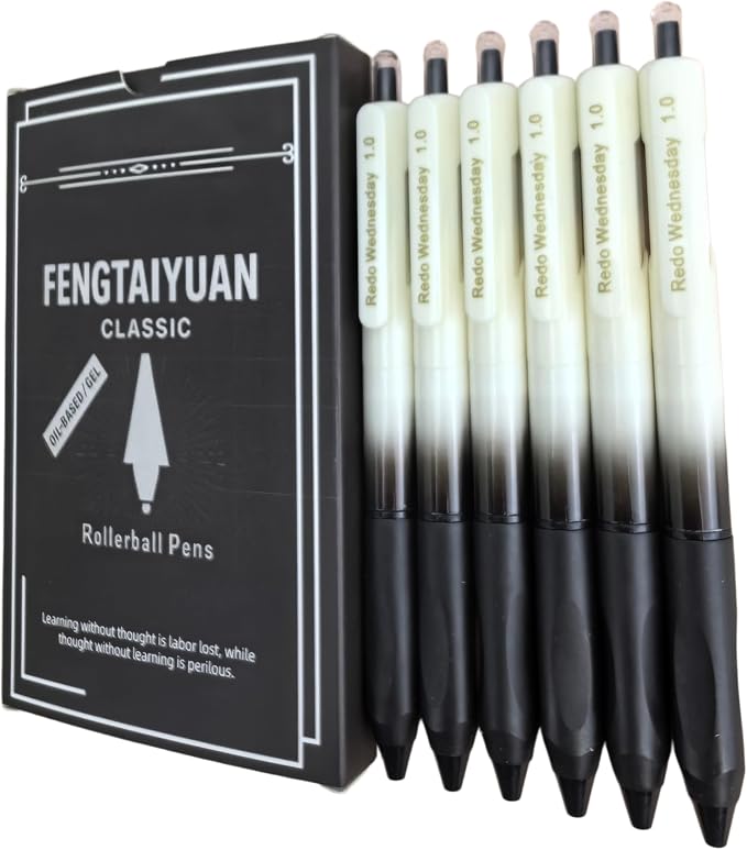 Fengtaiyuan Retractable Gel Pens, 1.0mm Bold Point, Quick Dry Black Ink, Gradient Black Barrel with Triangular Silicone Non-Slip Grip, Ergonomic Smooth Pens for Exam School Office [Pack of 6]