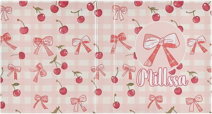 Cherry Bow 3 Ring Binder with Clipboard Round Ring Binders Check Pink Name Custom Binder 3 Interior Clear Pockets for Office Supplies 1 Pack