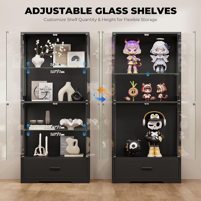 BROTTAR 4-Tier Display Cabinet with Glass Doors and Drawer for Collectibles | Glass Display Case with 3-Color Lights & Human Body Sensor, Curio Cabinets with Adjustable Shelves for Living Room, Black