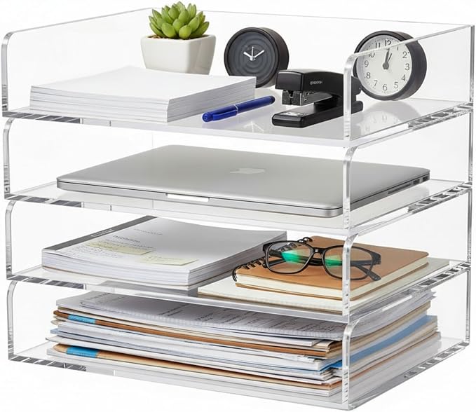 Harloon 4 Tier Paper Organizer Letter Tray Acrylic Desk File Organizer Heavy Duty Stackable Documents Clear Letter Paper Holder Sorter Office Tray for A4, Office Classroom Home File Pad Notebooks