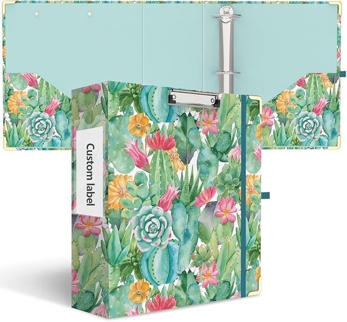 3 Ring Binder 3 Inch, Cute Decorative Hardcover Low Profile Clipboard with Storage, 3'' Round Ring Binders for Letter Size Paper, Durable Binder Organizer for School Office Supplies(Cactus Flowers)