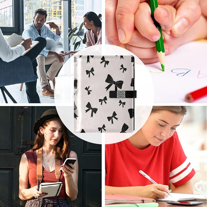 Black Bow Pattern White PU Leather Notebook A5 Binder 6 Ring Refillable Journal with Magnetic Buckle Closure Loose Leaf Travel Office Planner Budget Binder Notepad Portfolio,