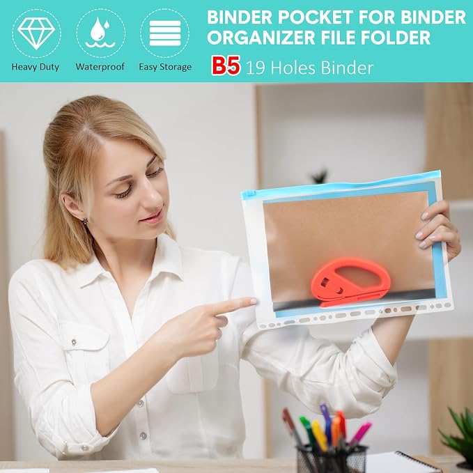 Gersoniel 40 Pieces Multi-Ring Binder Zipper Pouch, 19 Hole Binder Pockets with Zipper Bulk Binder Folders Plastic Binder Pouch Loose Leaf Bags Waterproof PVC Document Filing Bag(Colorful, B5)