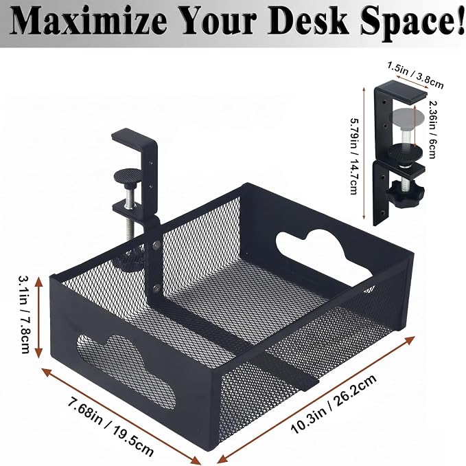 Under Desk Organizer 360° Swivel,No-Drill Clamp-On,Holds Up to 7lbs | 360° rotation,no-drill clamp,holds up to 7lbs, cup holder,mesh storage,office/kitchen/art use