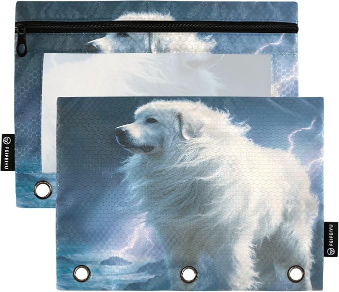 Great Pyrenees Dog Pencil Pouch for 3 Ring Binder, 2 Pack Waterproof Pencil Bags Clear Window Pencil Case Zipper School Office Supplies