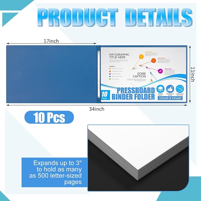 Resurhang 10 Pcs 11x17 Inch Pressboard Report Cover, 3" Capacity Presentation Binder Folder with Metal Prong Paper Fastener to Neatly Bind Reports Proposals Transcripts, Other Documents (Navy Blue)