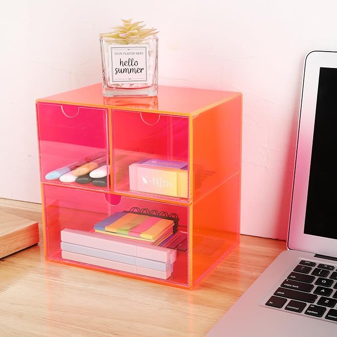 Gelite Desk Organizer with 3 Storage Drawers for Makeup Office Acrylic Desktop Drawer Organizer for Vanity Office Organization and Storage Box, Neon Pink