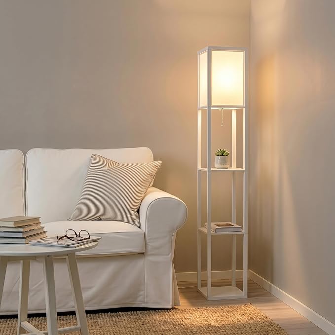 Brightech Maxwell - Modern Shelf Floor Lamp with Lamp Shade & Warm White LED Bulb, Corner Display Floor Lamp with Shelves for Living Room, Bedroom, Nightstand Office, Home Decor Storage - White