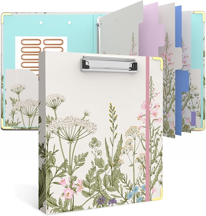 3 Ring Binder 1 Inch, Cute Round Ring Binders with 6 Tab Dividers, Labels Stickers, Low Profile Clipboard with Storage, Fashion Binder School Office Supplies(Garden Flowers)