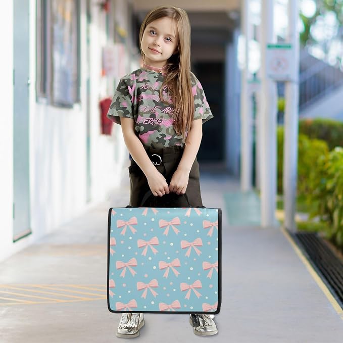 Custom Bow Pink Blue Pattern 3 Ring Zipper Binder with Shoulder Strap & Handle 1.5 Inch D-Ring Zippered Bag with Multiple Pocket, Personalized Binder Organizer for School or Office