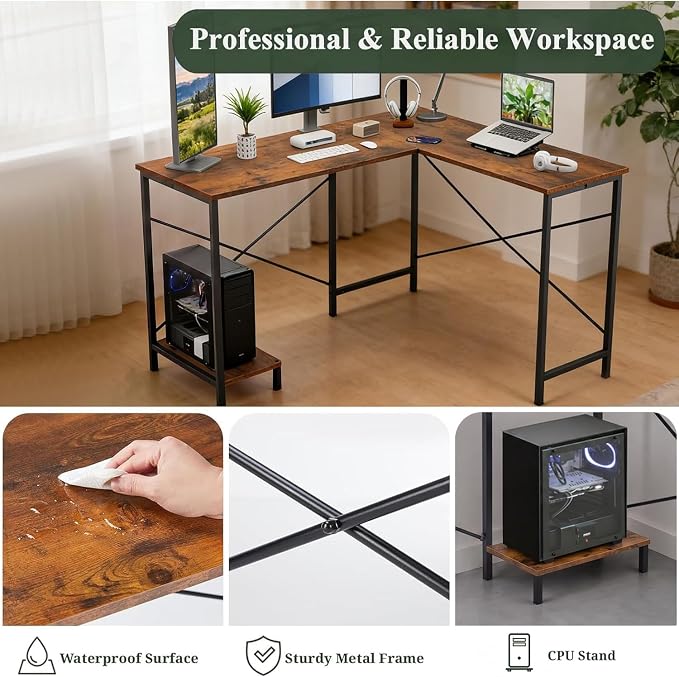 L Shaped Desk Computer Desk, 50inch Brown Gaming Desk with CPU Stand | Reversible Corner Desk, Sturdy Metal Frame, Student Study Writing Table for Home Office