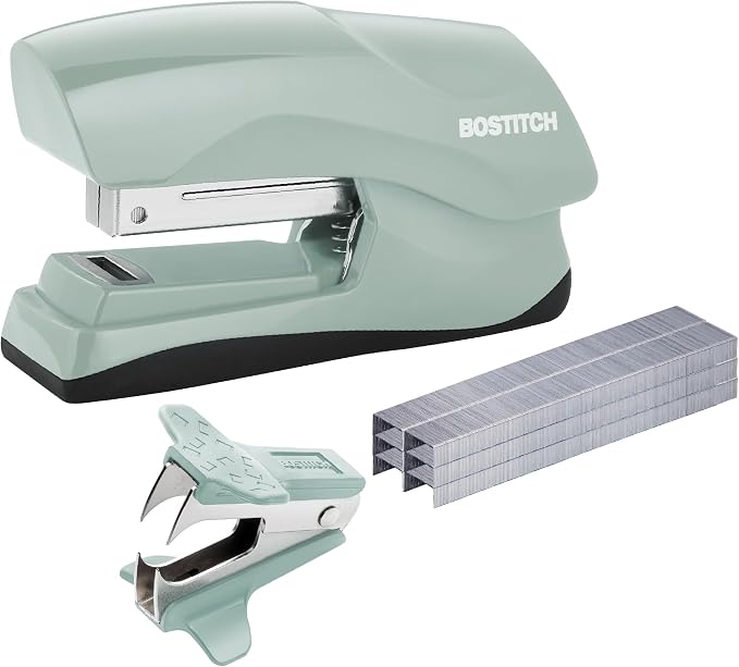 Bostitch Heavy Duty Stapler Value Pack, 40 Sheet Capacity, Sage | Half-strip, flat-clinch design opens fully for tacking bulletin boards; includes a staple remover and 1250 staples.