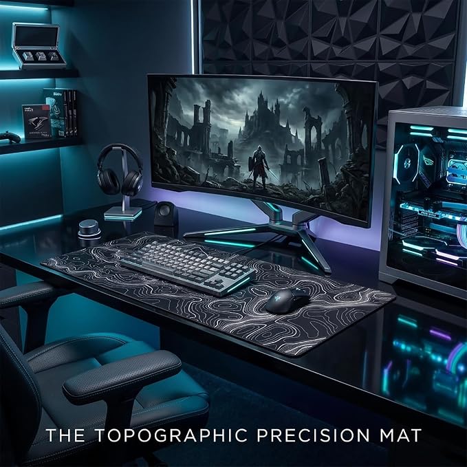 Extended Large Gaming Mouse Pad 29.5x16 Inch,Topographic Map Lines Desk Mat | Contour Geographic Background Design with Non-Slip Rubber Base, Large Mousepad for Gaming, Office, Laptop & Computer PC