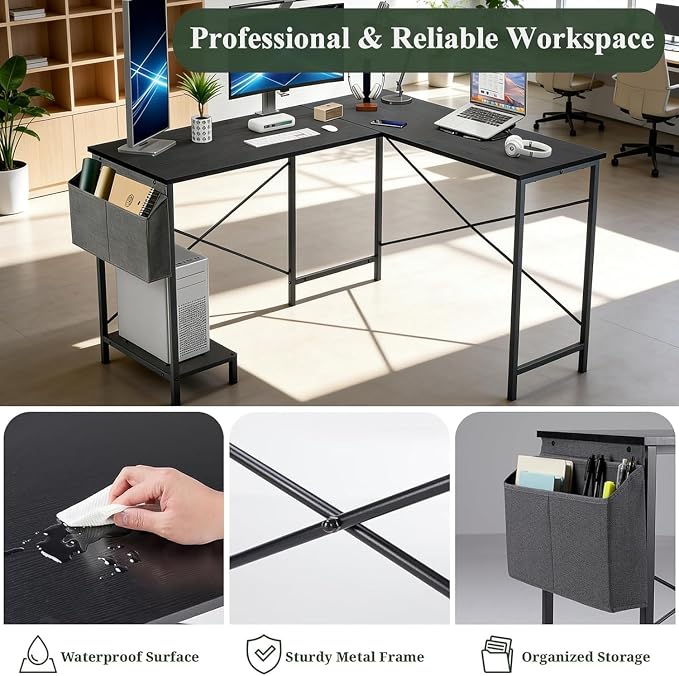 L Shaped Desk, 50 Inch Reversible Computer Desk Corner Gaming Table with CPU Stand & Storage Bag, Sturdy Metal Frame PC Workstation for Home Office, Black Wood | Storage Bag, Black Corner Gaming Table, Sturdy Metal Frame, PC Workstation for Home Office