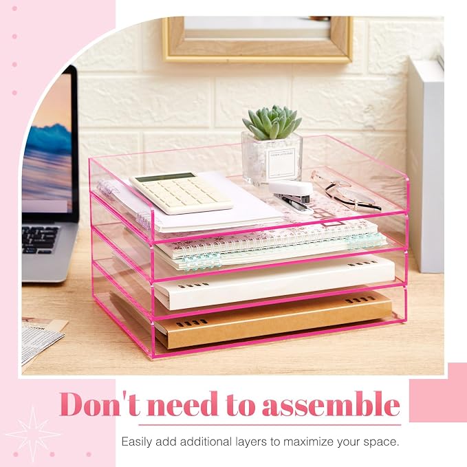 Harloon 4 Tier Clear Hot Pink Acrylic Paper Organizer Letter Tray, Aesthetic Stackable Low Profile Desk File Organizer Modern Heavy Duty Paper Holder Tray for A4, Office Home File Pad Books Notes
