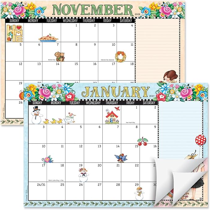 Current 2027-2028 Desk Calendar Pad | Mary Englebreit, 11” x 16.25”, Large, 2024-Month, 12 page Designs, Self-Stick Magnet Strips