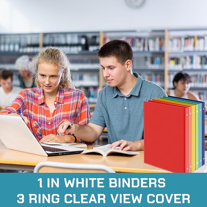 Fulmoon 48 Pack 3 Ring Plastic Binders 1 Inch Bulk with 2 Pockets, Flexible Binder Loose Leaf Hardcover, Fit 12" x 10" US Letter Size Paper, for School Office Home, 6 Colors(Vibrant)
