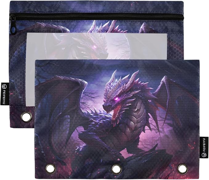 Dragon Purple Pencil Pouch for 3 Ring Binder, 2 Pack Waterproof Pencil Bags Clear Window Zipper School Office Supplies