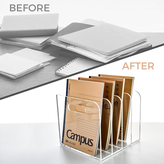 4 Vertical Compartments File Holder, Clear Acrylic Desk Organizer and Storage Bins Holding for Magazines, Binders, Notebooks, Envelopes, Multi-purpose Document Organizer for Home Office