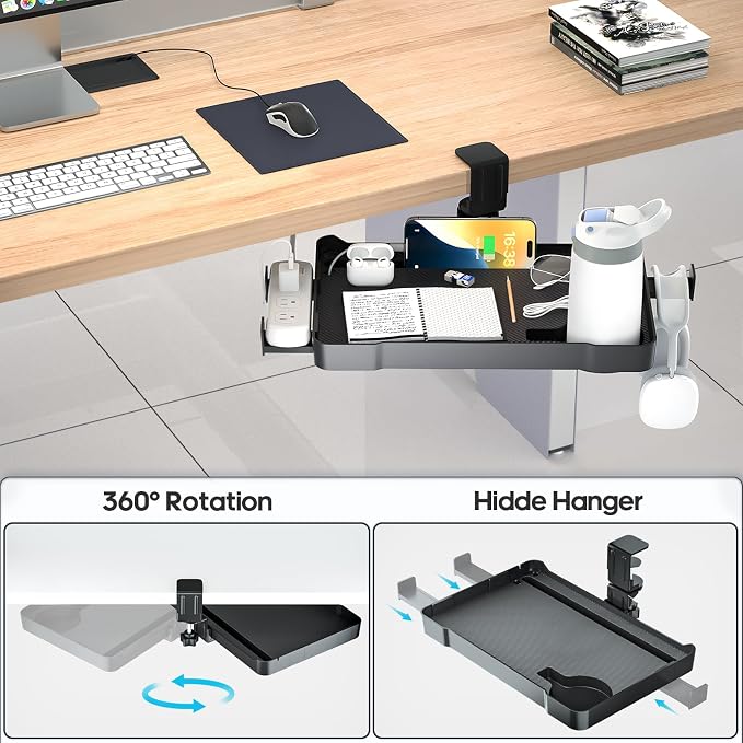 KDD Under Desk Organizer - 360° Rotating Clamp-On Tray with Headphone Hook, Phone & Tablet Holder, Cup Holder, and Cable Management - No Drilling Desk Storage Accessories for Office and Home