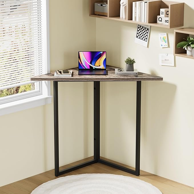 VECELO Corner Desk,Office Tables for Living Room for Small Space Triangle Computer Desk with Steel Frame Corner Shelves with Metal Frame Writing Desk for Workstation Classic Grey 31.1"