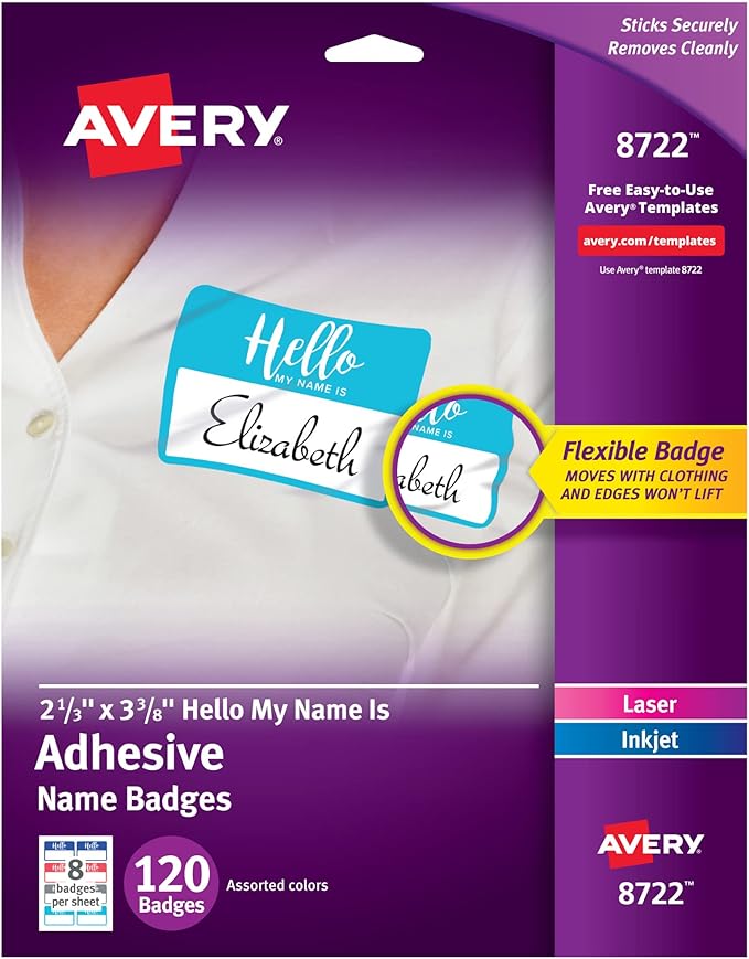 Avery® Flexible Name Tags, Hello My Name is, 2-1/3" x 3-3/8", White, Assorted Colored Border, Removable Adhesive, Laser/Inkjet Printable, 120 Total (8722)